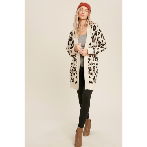SOLD OUT Oatmeal Leopard Animal Print Open Front Knit Long Sleeve Casual - Picture 9 of 11